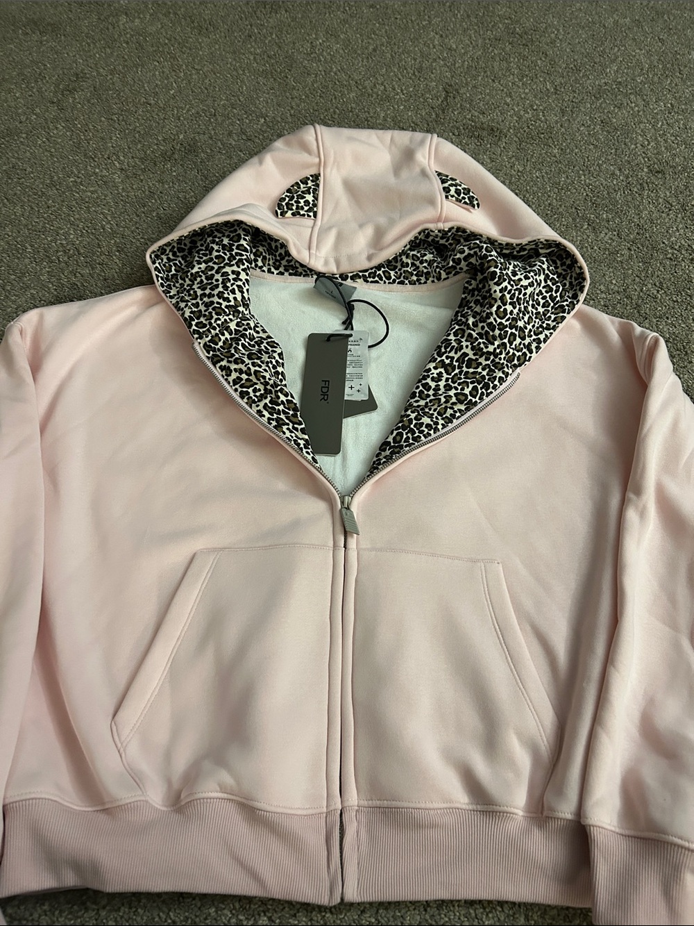 FDR Heavyweight Light Pink Zip Hoodie with Leopard-Lined Hood - Picture 2 of 5
